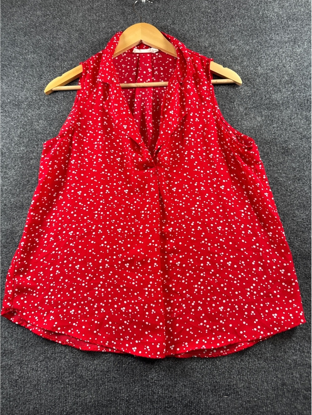 Womens L Red White Polka Dot Sleeveless V Neck Blouse Top Draped Casual
